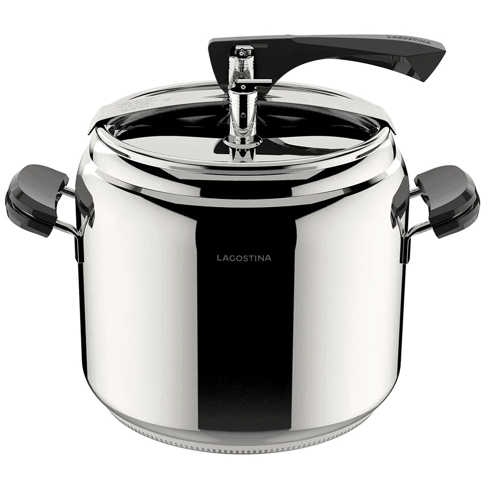 Pentola a pressione alta Lagostina in acciaio inox con manici neri.