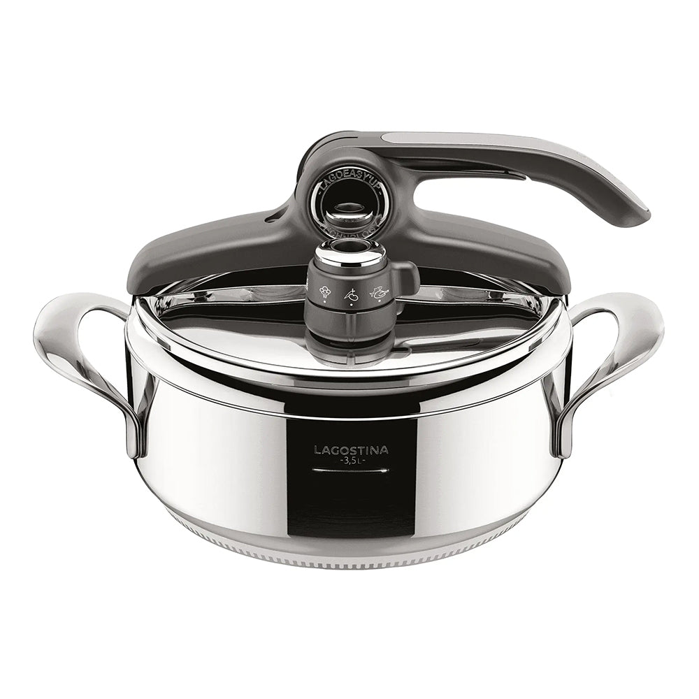 Medium-height Lagostina pressure cooker in stainless steel.