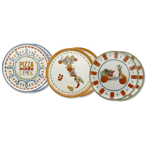 33 cm - Saturnia Pizza Handmade Pizzateller 3 Decori aus Porzellan Set mit 6 Stk