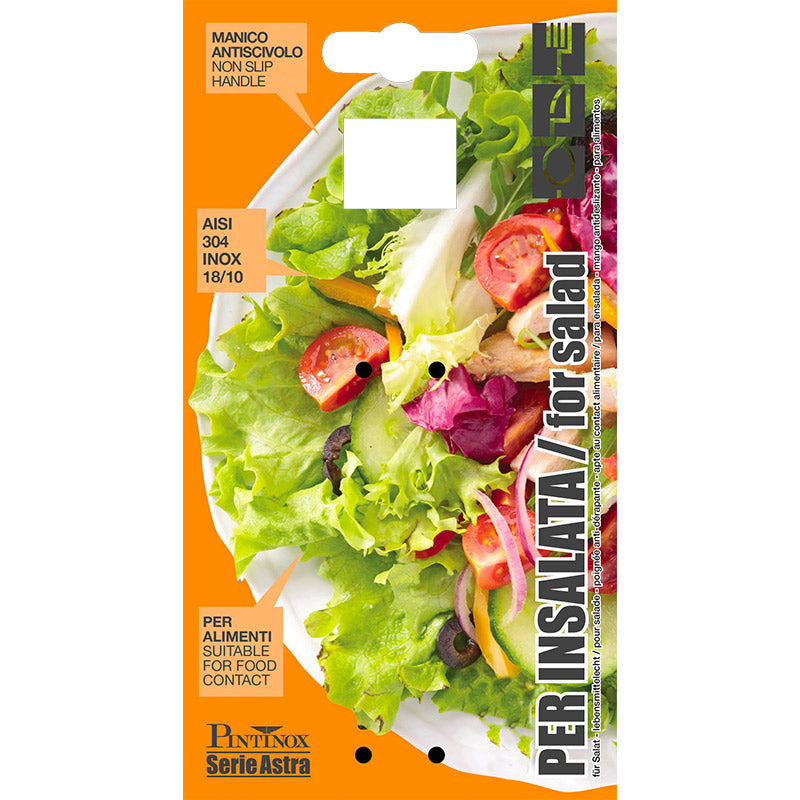 Emballage orange avec image de salade mixte verte, rouge et jaune, inscription Per Insalata for salad