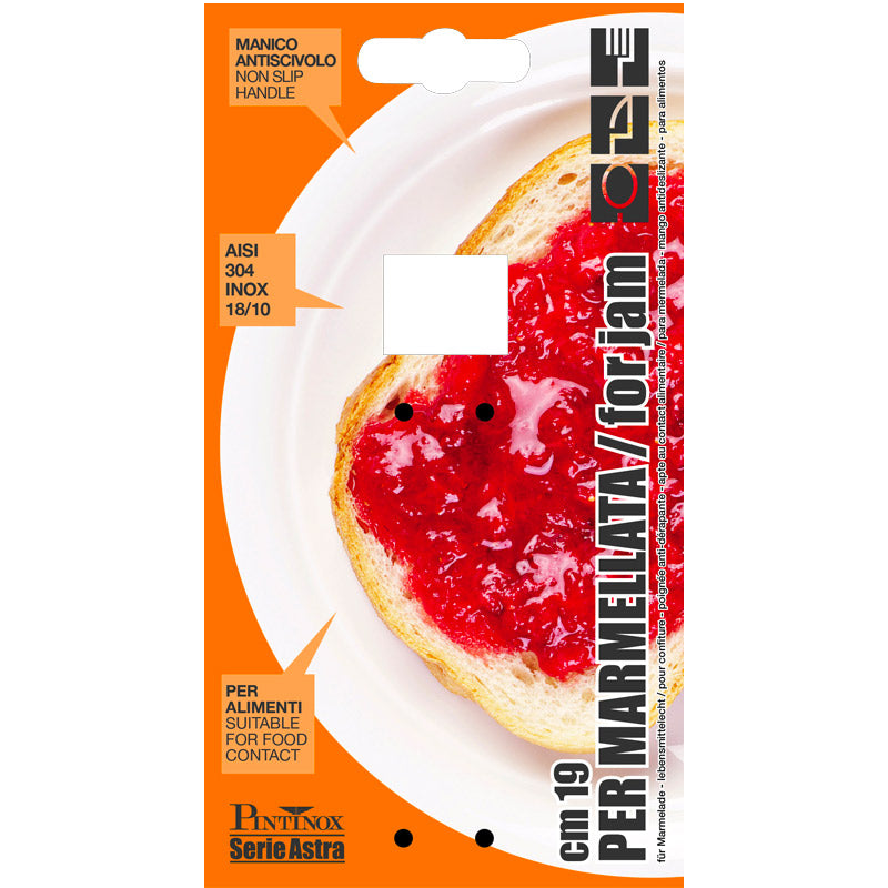 Embalaje naranja y blanco con imagen de rebanada de pan con mermelada roja, texto per marmellata cm 19