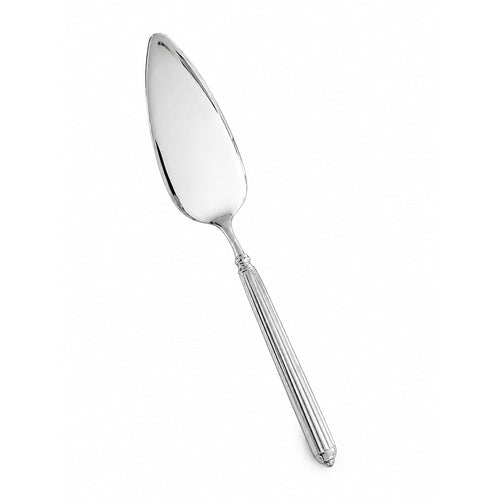 Lavoro in acciaio inox, cucchiaio da portata con forma allungata e brillante, manico decorato con scanalature.