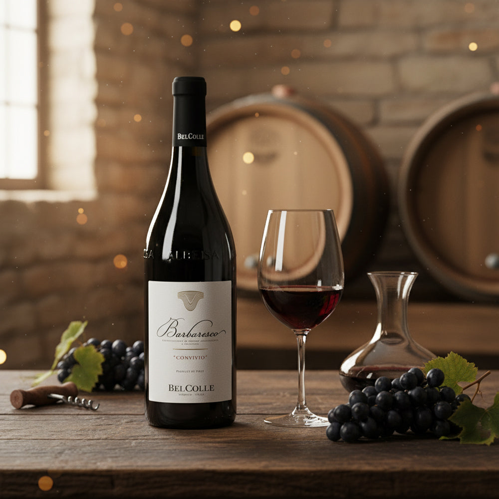 Bottiglia di vino Barbaresco Belcolle, calice e decanter con vino rosso, grappoli di uva nera su tavolo di legno in cantina rustica.