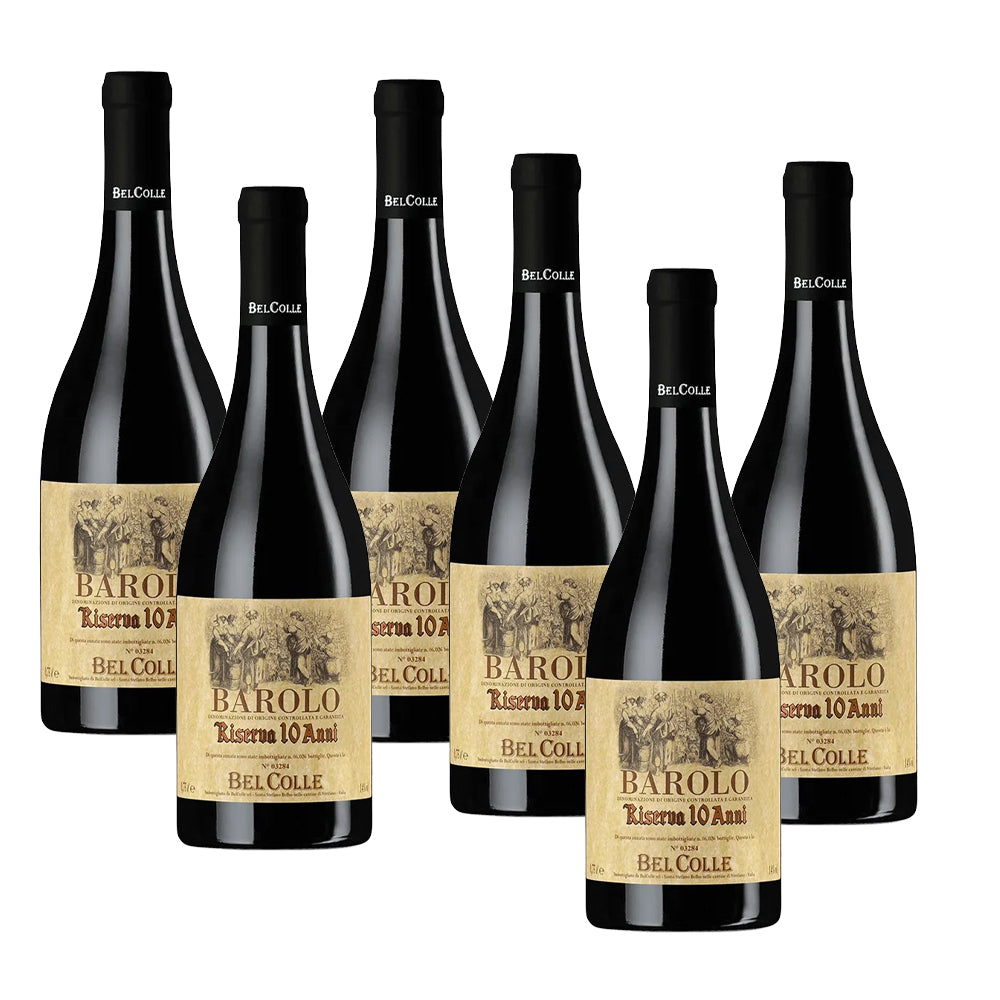 Six bouteilles de vin Barolo Riserva 10 Anni, avec étiquette beige et décorations artistiques, sur fond blanc.