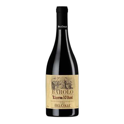 bottiglia di vino rosso Barolo Riserva 10 Anni Bel Colle con etichetta beige illustrata con vignaioli e scritte marroni e nere