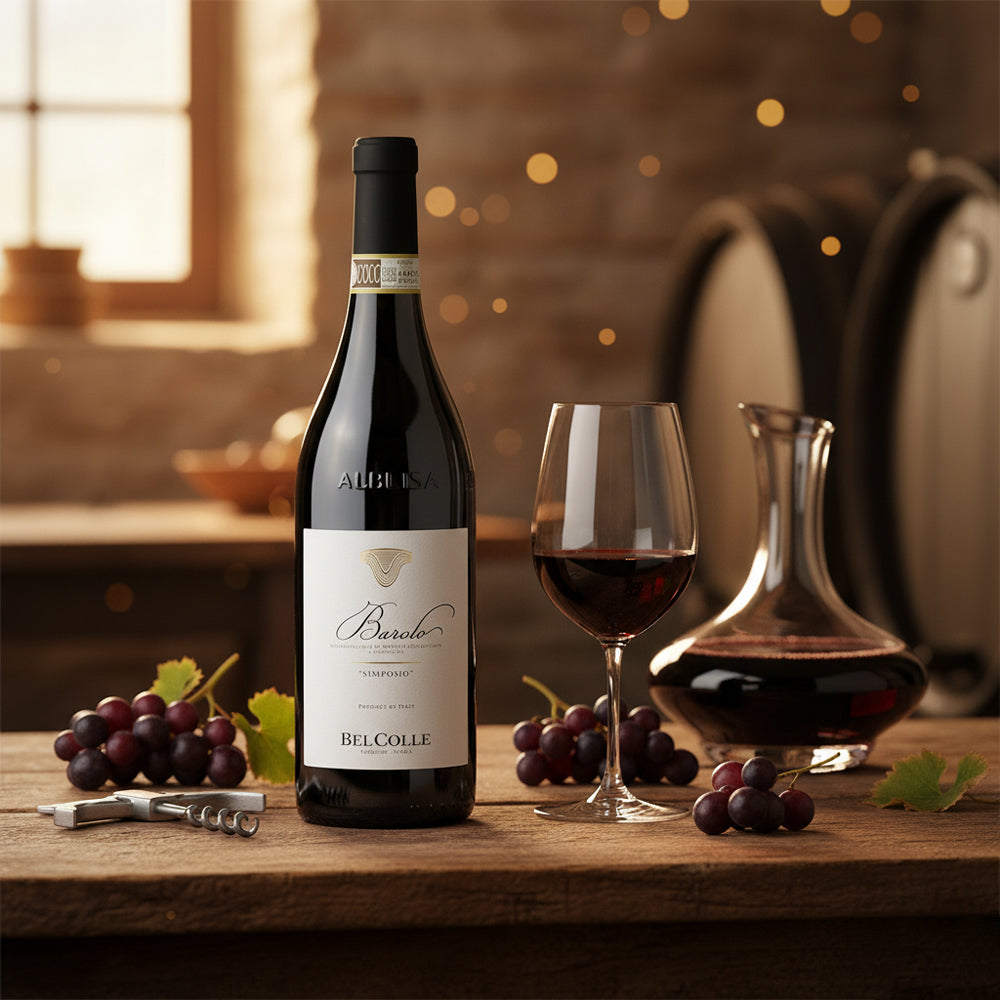 Bouteille de vin Barolo Belcolle avec verre et carafe, grappes de raisin rouge et tire-bouchon sur table en bois, fond cave.