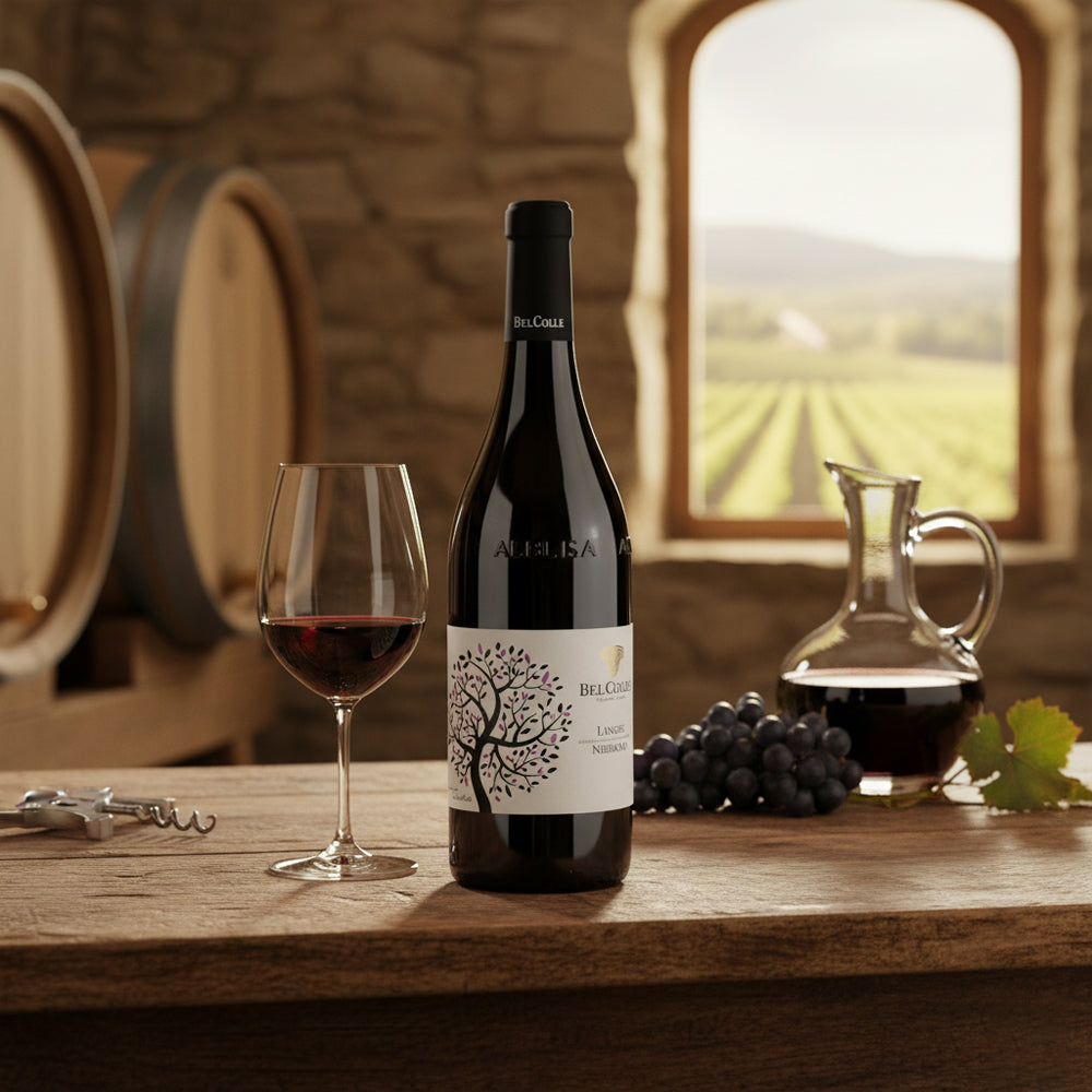 Bottiglia di vino rosso BelColle Langhe Nebbiolo con bicchiere, grappolo d'uva, decanter trasparente e cavatappi su tavolo di legno in cantina.