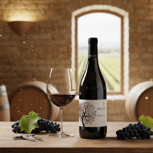 bottiglia di vino rosso Bel Colle con bicchiere di vino, grappoli d'uva nera e cavatappi su tavolo di legno con barili e finestra su vigneto sullo