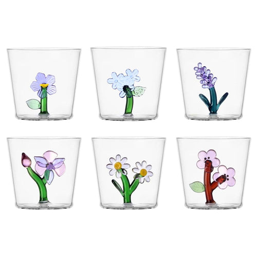 Set di sei bicchieri trasparenti con decorazioni floreali colorate, disposti in due righe, su sfondo bianco.