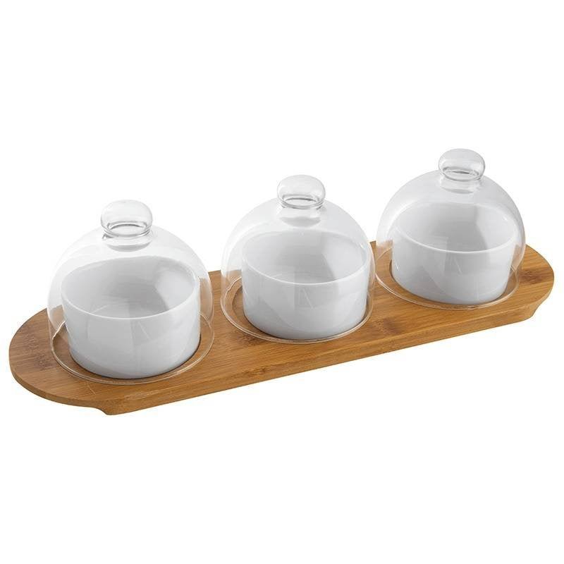 Paderno Happy Hour Coppette Per Aperitivo Con Cloche E Supporto Vassoio In Legno Set 7 Pz