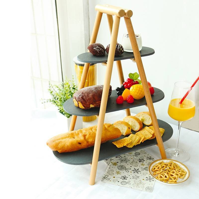 25X4 5 Cm Paderno Tableware Buffet And Display 3-stöckiges Etagere aus Holz und Schiefer