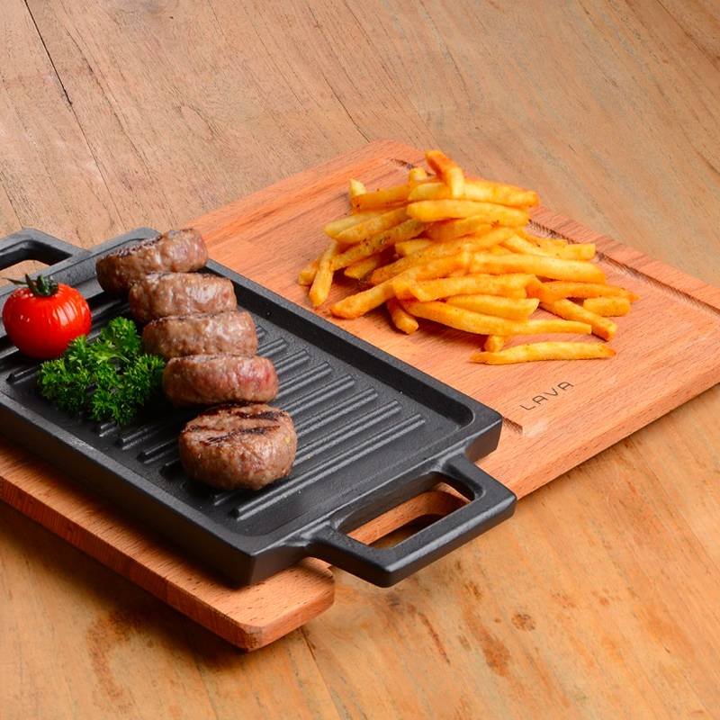22X15 Cm Paderno Plancha grill rectangular de hierro fundido esmaltado con soporte madera