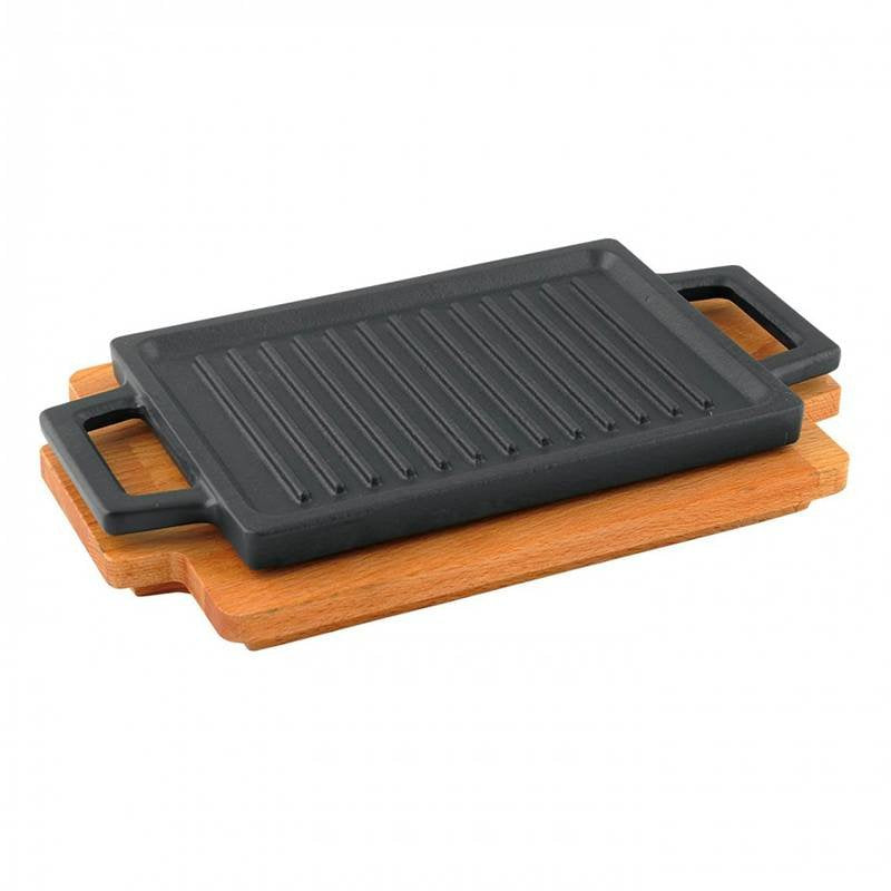 22X30 Cm Paderno Plancha grill rectangular de hierro fundido esmaltado con soporte madera