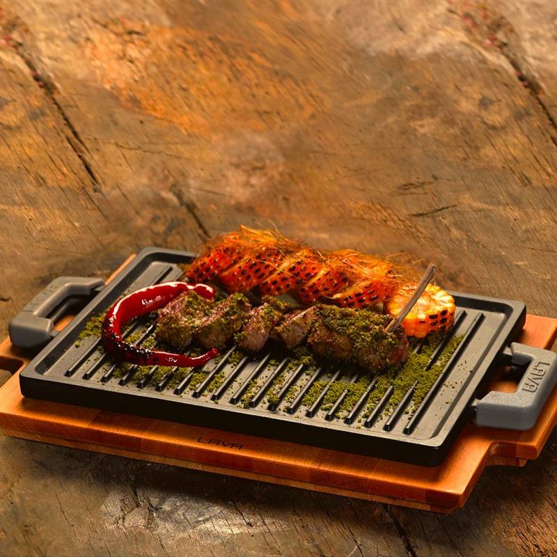 22X30 Cm Paderno Plancha grill rectangular de hierro fundido esmaltado con soporte madera