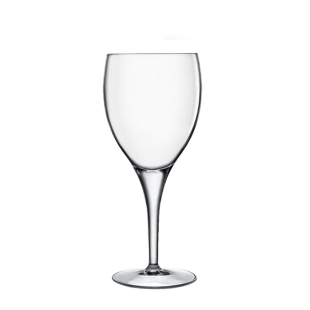 Transparante glazen wijnglas met ronde voet en lange steel, slanke symmetrische vorm.