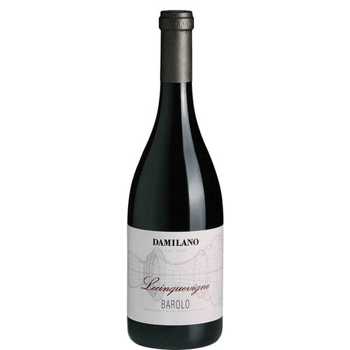 Bouteille de vin Barolo Damilano Le Cinque Vigne avec étiquette blanche, inscriptions noires et rouges et capsule noire, bouteille en verre sombre.
