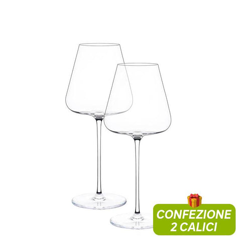 Deux calices en verre transparent avec long pied et calice large de forme conique légèrement arrondie, sur fond blanc.