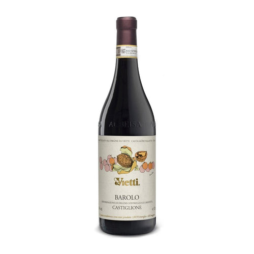 Bouteille de vin Barolo Castiglione avec étiquette beige, dessin de noix et grappes de raisin, capsule couleur bordeaux.