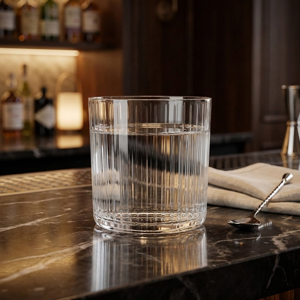 Bicchiere in vetro trasparente con acqua, posato su un tavolo in marmo; sullo sfondo bottiglie di liquore e un cucchiaino.