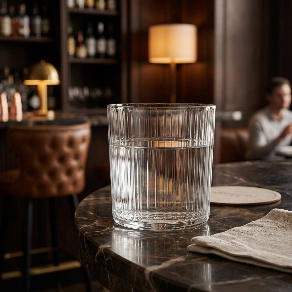 Bicchiere di vetro trasparente con acqua, posto su un tavolo in marmo, con un ambiente elegante e un bar sullo sfondo.
