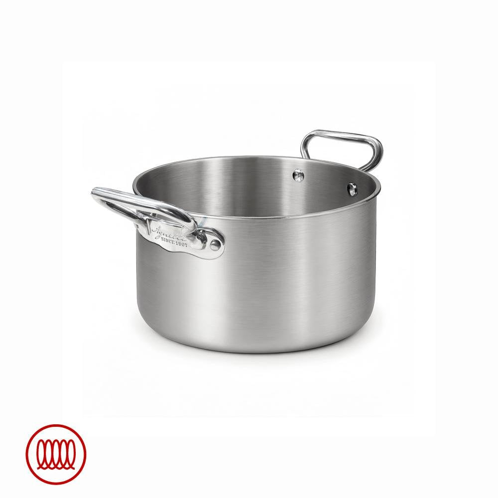 Round stainless steel pot with brushed surface and two glossy metal handles, on white background.