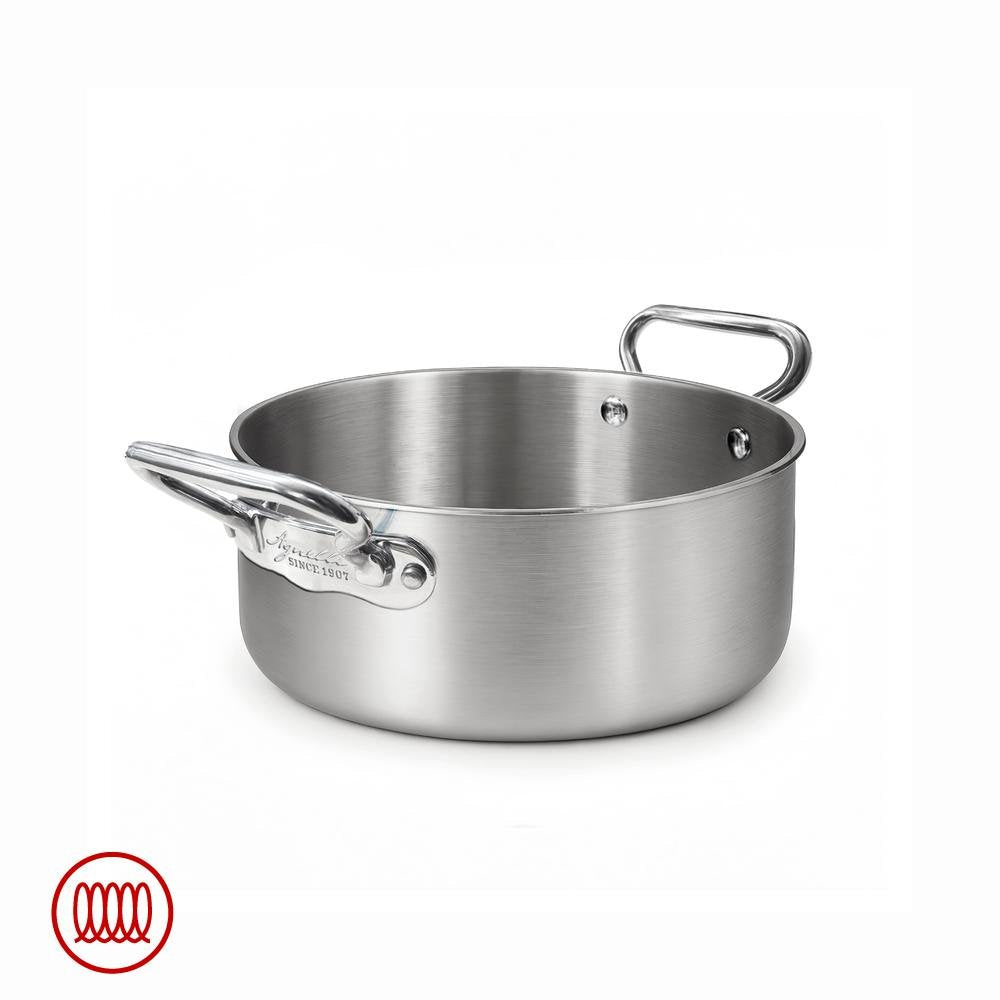 Casserole en acier inoxydable satinée avec deux anses rivetées, forme ronde et bord légèrement surélevé, fond épais, sur fond blanc.