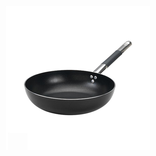 Padella rotonda nera con interno antiaderente e manico lungo in metallo con rivestimento nero, su sfondo bianco.