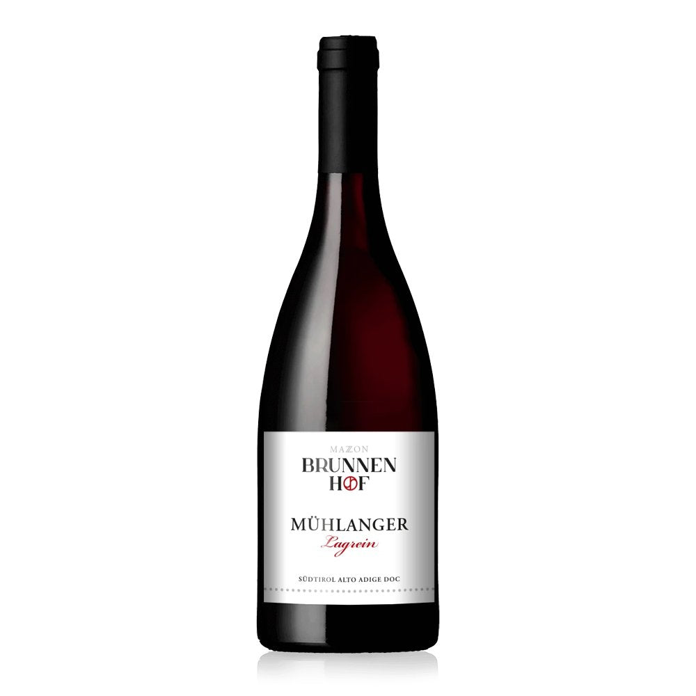 Tapered red wine bottle, white label with black and red lettering, black background.
