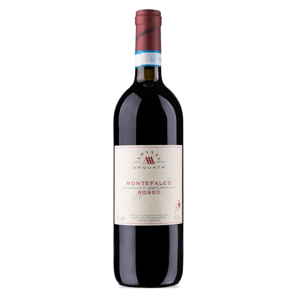 Montefalco Rosso red wine bottle, cylindrical shape, light label with red and blue details, neutral setting.