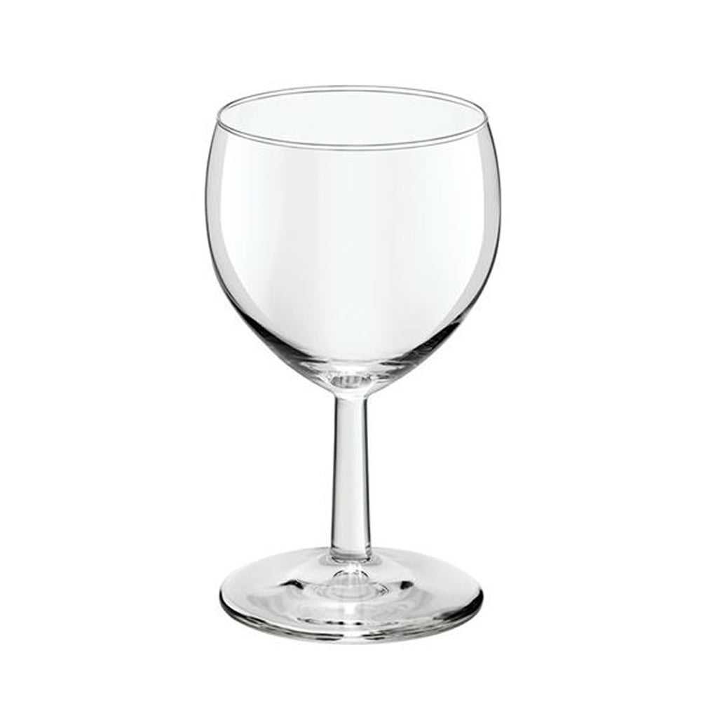 Verre transparent en verre avec coupe ronde, tige et base plate, sur fond blanc.