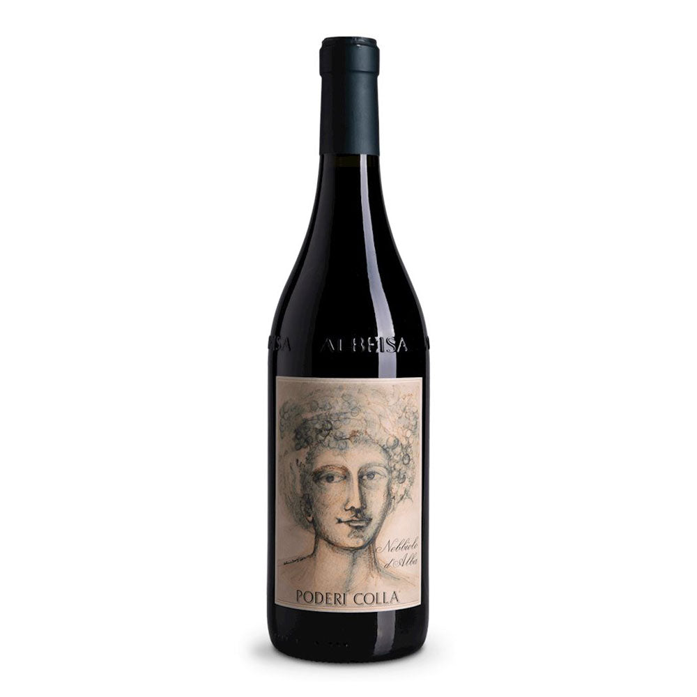 Bottiglia di vino con etichetta beige e disegno di un volto umano, chiusura nera, fondo scuro.