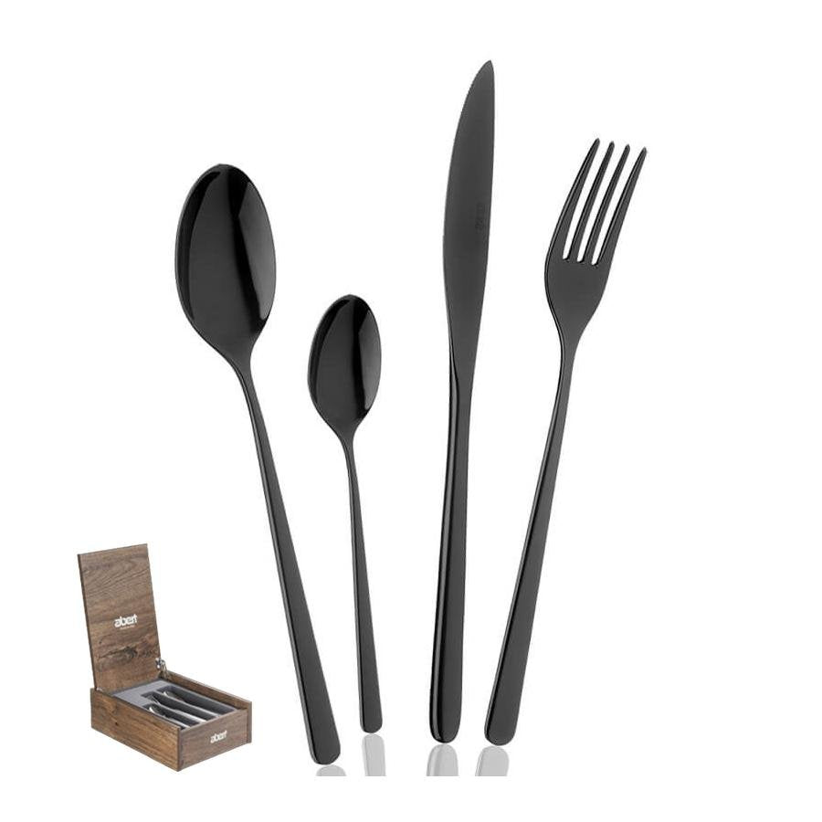 Set di posate in acciaio lucido nero, composto da un cucchiaio grande, un cucchiaio piccolo, una forchetta e un coltello, presentati in una scatola
