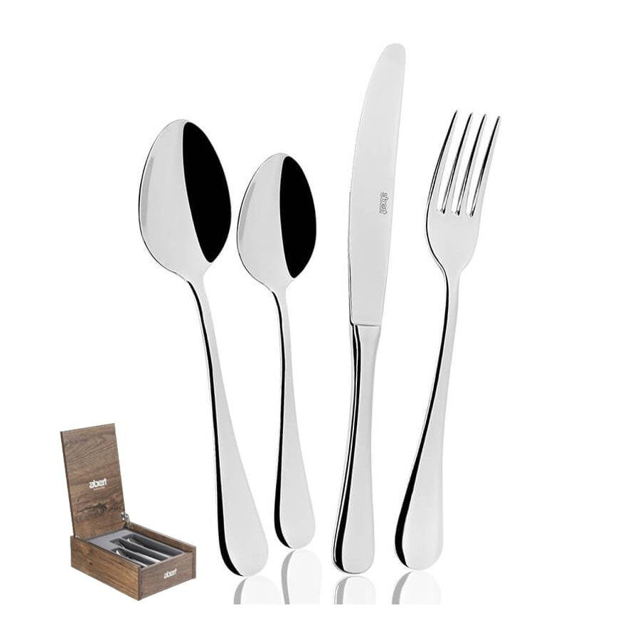 Set di posate in acciaio inox lucido, composto da un cucchiaio, un cucchiaio da dessert, una forchetta e un coltello, con un cofanetto di legno.