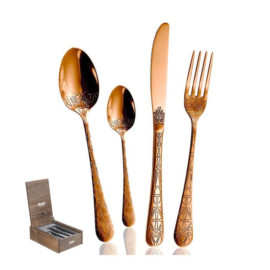 Set de couverts en acier inoxydable couleur cuivre poli, comprend cuillère, cuillère à café, couteau et fourchette, poignées décorées.