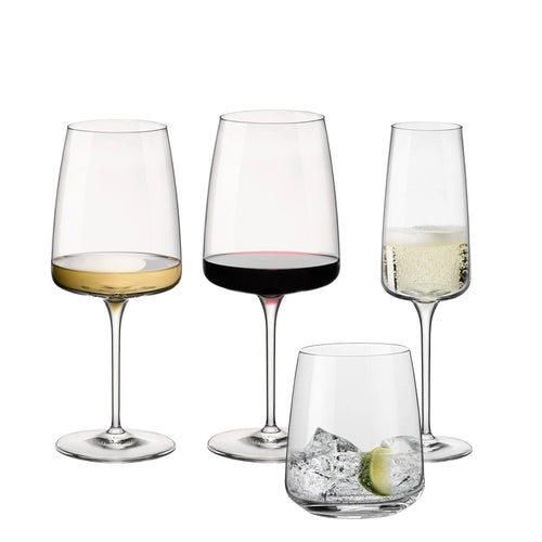 Vier transparente Gläser: zwei Weingläser mit Weiß- und Rotwein, eine Flute mit Schaumwein und ein Tumbler mit Eis und Zitrone.