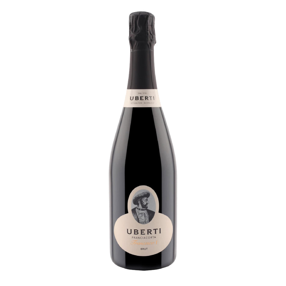 Bottiglia di vino spumante con etichetta nera e bianca, logo "UBERTI", tappo a spirale, ambientazione neutra.
