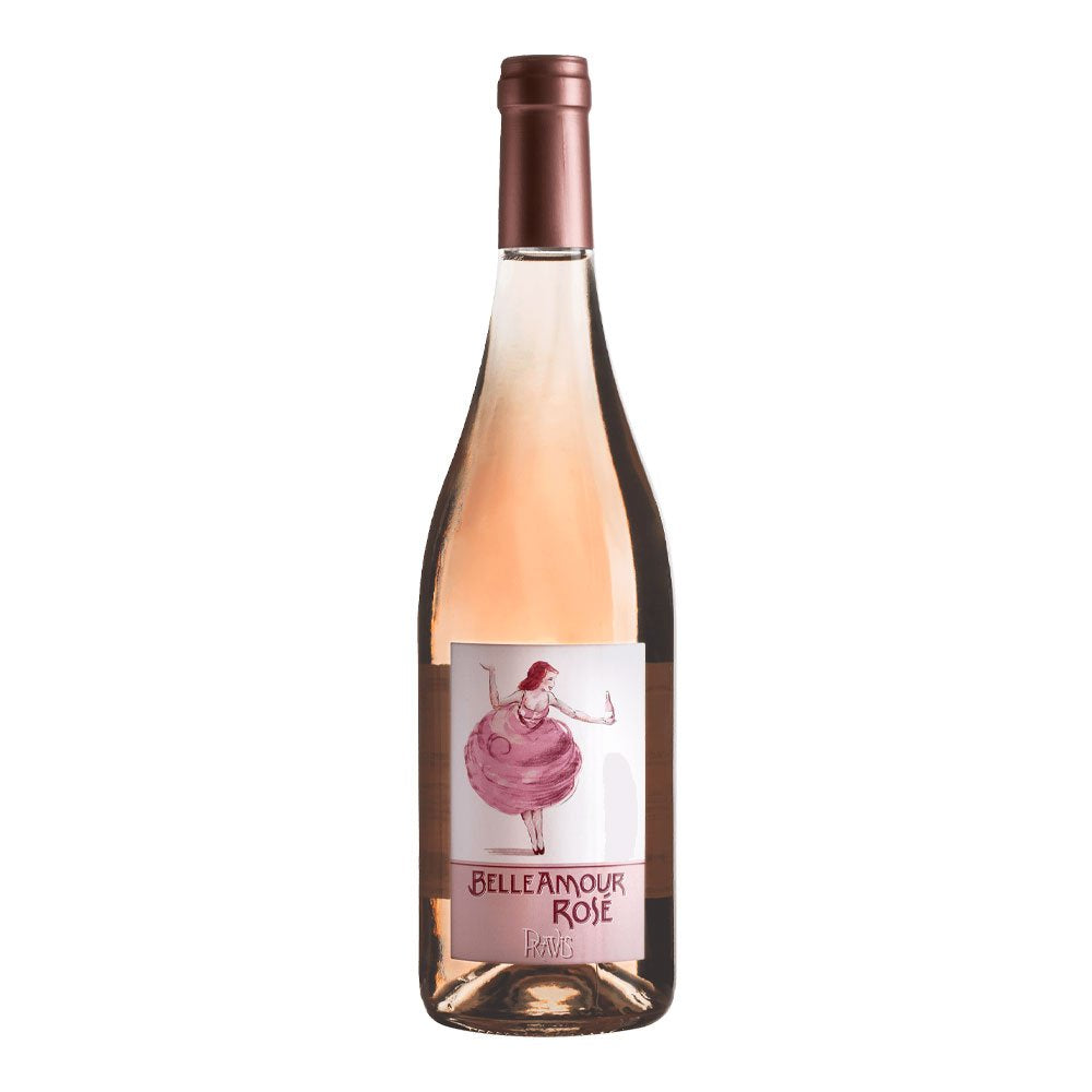 Rosé wijnfles met etiket met gestileerde figuur in roze jurk en de tekst BELLEAMOUR ROSÉ.