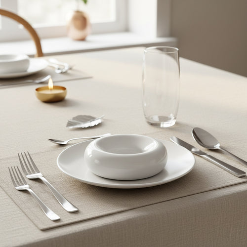 Set tavola con piatto bianco tondo, ciotola bianca a forma di ciambella, posate in acciaio, bicchiere trasparente, candela accesa e tovaglia beige.