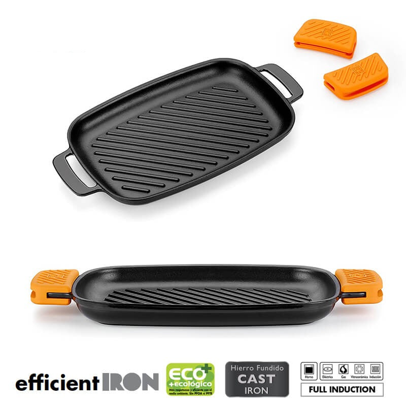 Plateau rectangulaire en fonte noire avec rainures, poignée en plastique orange. Deux protections orange sur les côtés.