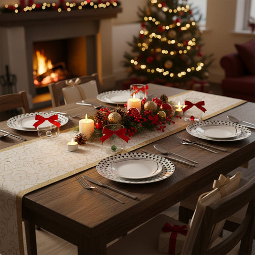 Table en bois dressée avec assiettes blanches bordées, verres avec nœuds rouges, bougies allumées et centre de table de Noël, arbre et cheminée