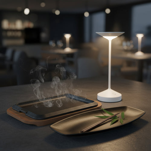 Lampe blanche moderne allumée, assiette ovale noire avec baguettes et feuilles vertes, plateau carré noir avec base en bois, table sombre en intérieur flou