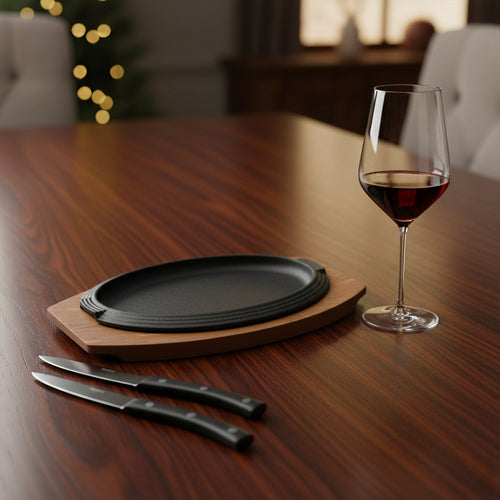 Verre transparent en verre avec vino rouge, black oval plate sur light wood base et two knives avec hetle nero sur dark wood table.