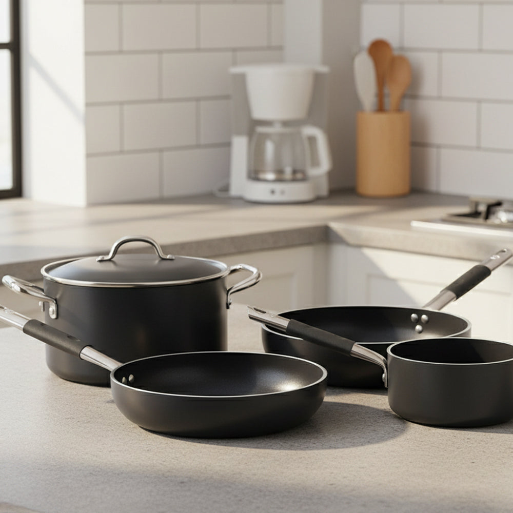Set di quattro pentole e padelle di colore nero con manici in metallo e plastica, su piano cucina chiaro con sfondo di piastrelle bianche.