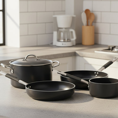 Set di quattro pentole e padelle di colore nero con manici in metallo e plastica, su piano cucina chiaro con sfondo di piastrelle bianche.
