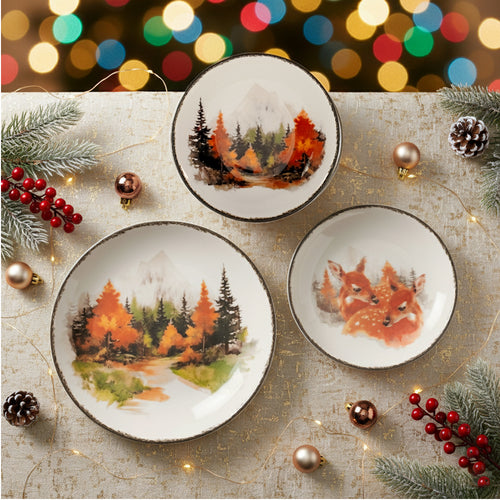H&H Golden Woods Weihnachts-Tafelservice Aus Steinzeug Set mit 18 Stück