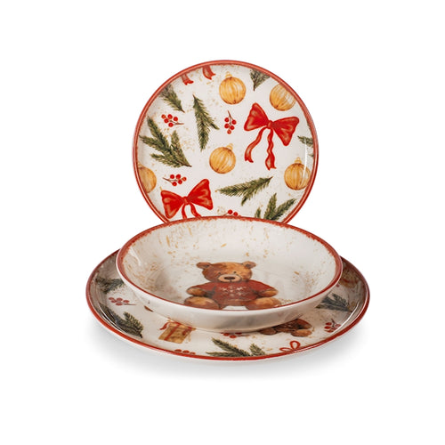 H&H Nordic Teddy Hugs Service de table à décor de Noël en grès set de 18 pièces