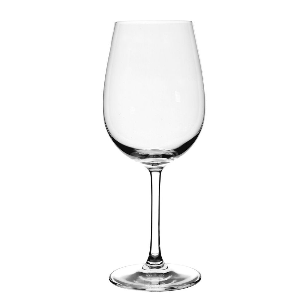 Clear glass wine glass with thin stem and rounded base, white background.