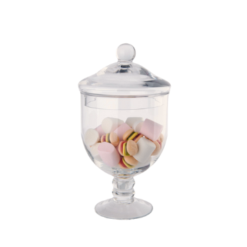 Contenitore di vetro trasparente con coperchio a sfera pieno di marshmallow colorati rosa e bianchi.