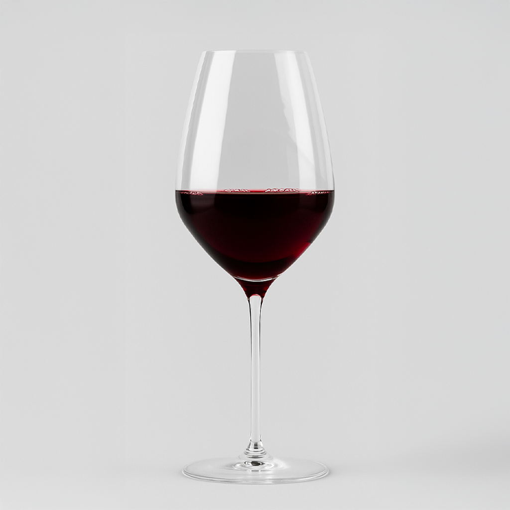 Verre à vin en verre transparent avec vin rouge foncé, sur fond gris clair neutre, forme élégante et fine.