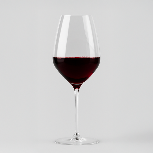 Calice di vetro trasparente con vino rosso scuro, su sfondo grigio chiaro neutro, forma elegante e sottile.